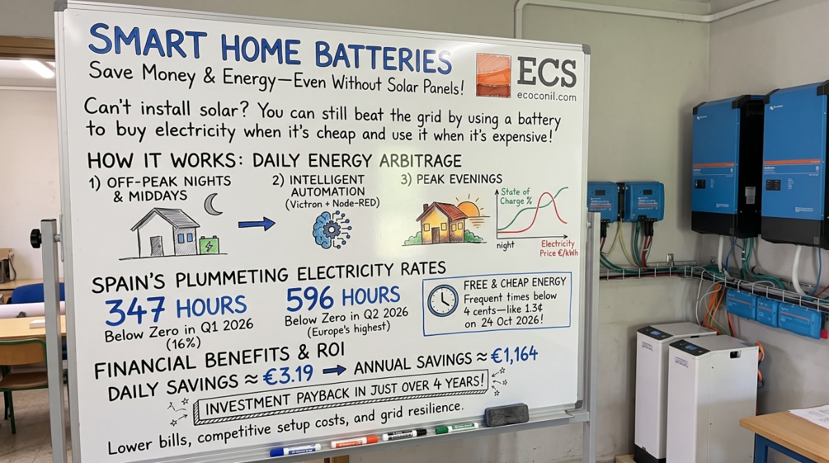 Whiteboard diagram by ECS explaining how to save on Spanish electricity bills using a Victron home battery system without solar panels.